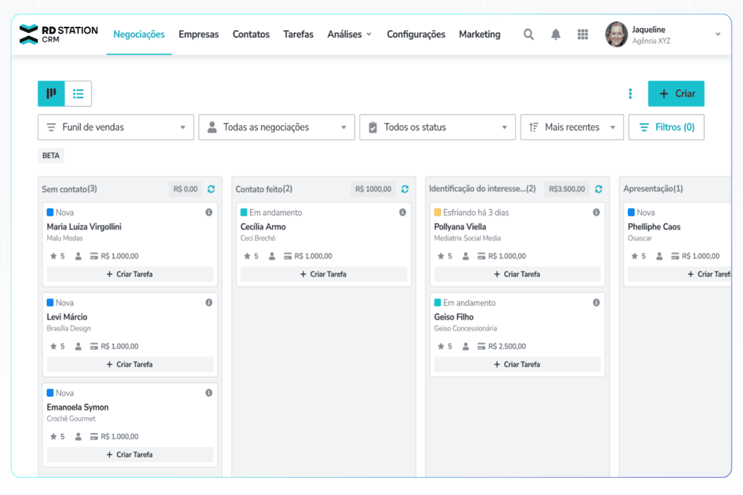 Captura de tela do sistema RD Station CRM, exibindo um funil de vendas no formato de quadro kanban. Cada coluna representa uma etapa do processo comercial, contendo cartões com nomes de clientes, status das negociações, valores e a opção de criar tarefas. A interface tem um design limpo, com tons de azul e branco, e um menu superior para navegação entre diferentes seções, como empresas, contatos, tarefas e análises.