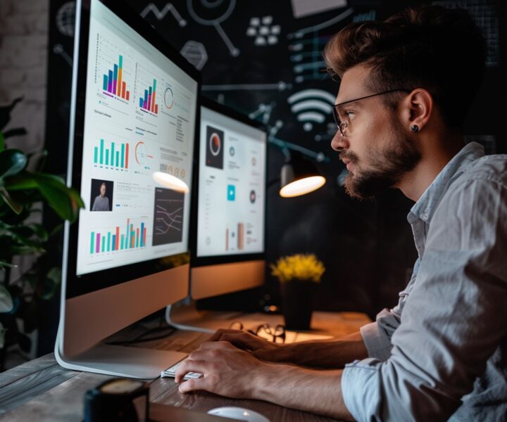 Profissional analisando dados de marketing no computador para decisões estratégicas baseadas em métricas.