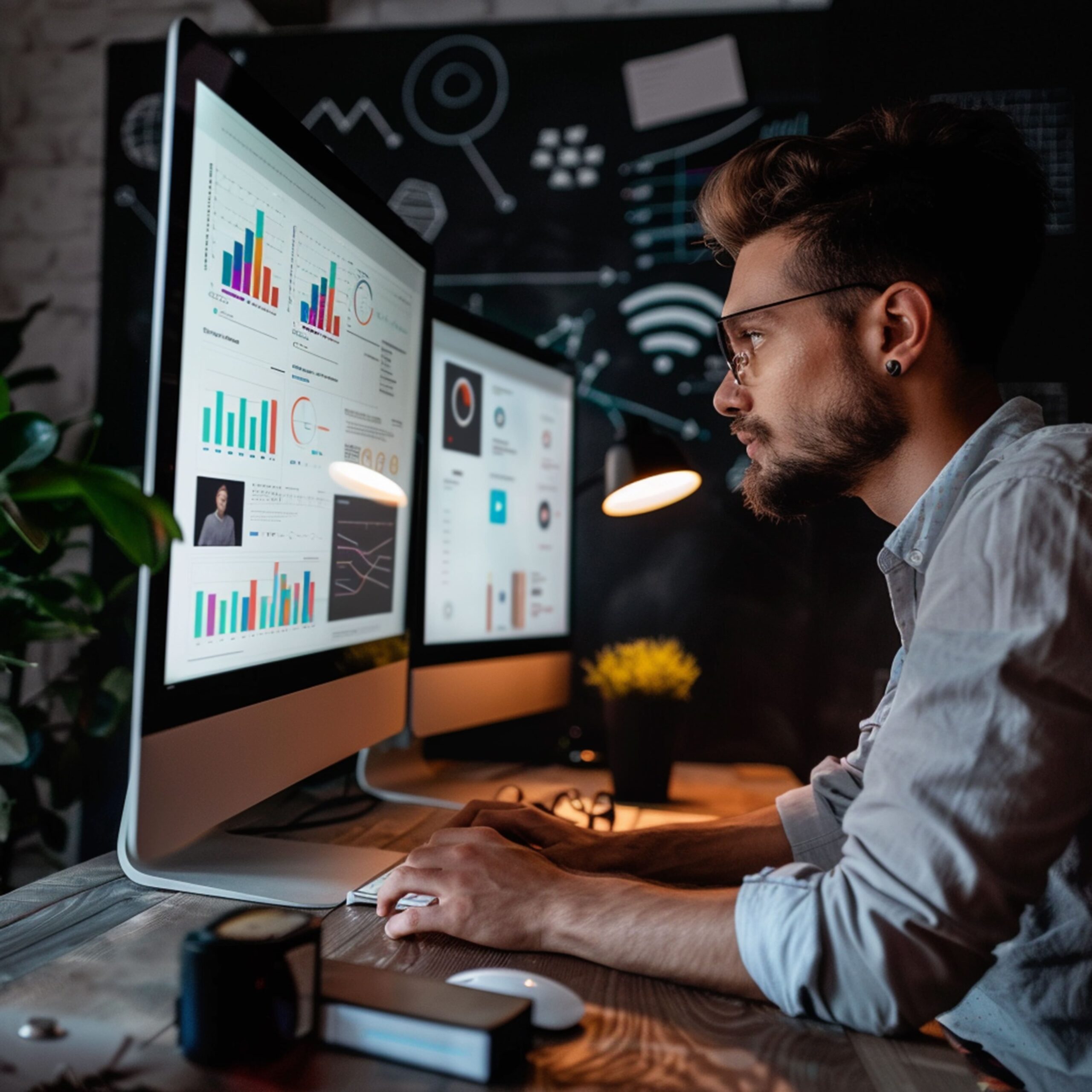 Profissional analisando dados de marketing no computador para decisões estratégicas baseadas em métricas.