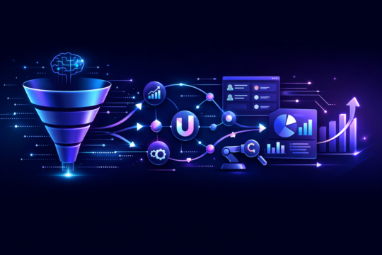 Funil de marketing moderno integrado a IA, CRM e automação, representando um sistema de crescimento baseado em dados