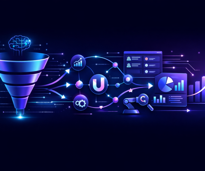 Funil de marketing moderno integrado a IA, CRM e automação, representando um sistema de crescimento baseado em dados