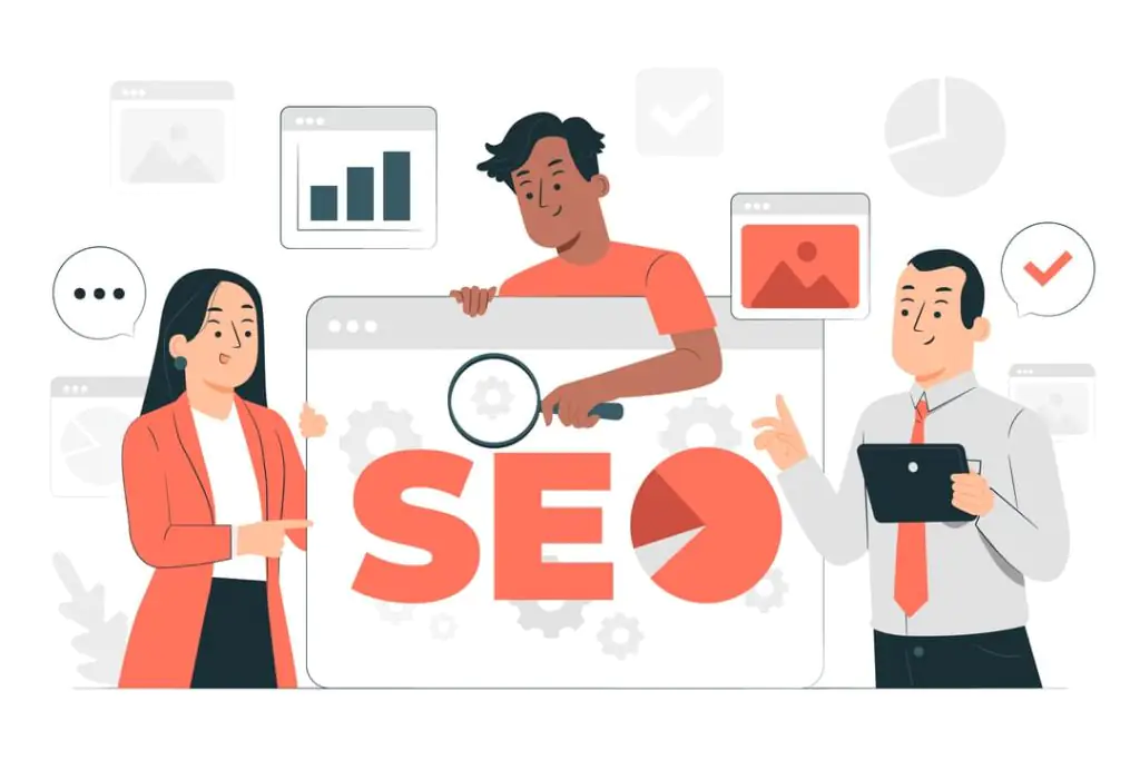 Ilustração de elementos que representam estratégias de SEO para blog.